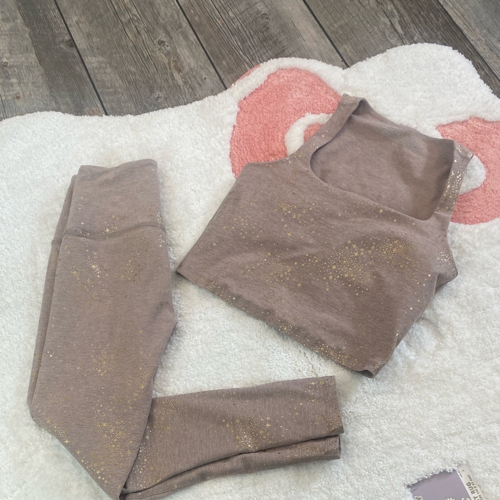 Beyond Yoga Taupe Crop Top & Leggings set with Gold Star Accent Pattern